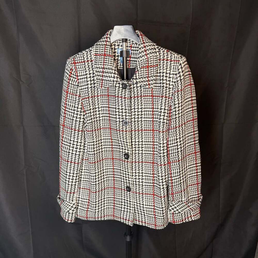 Koret Houndstooth Jacket Size L Black White Red Check Wool Blend